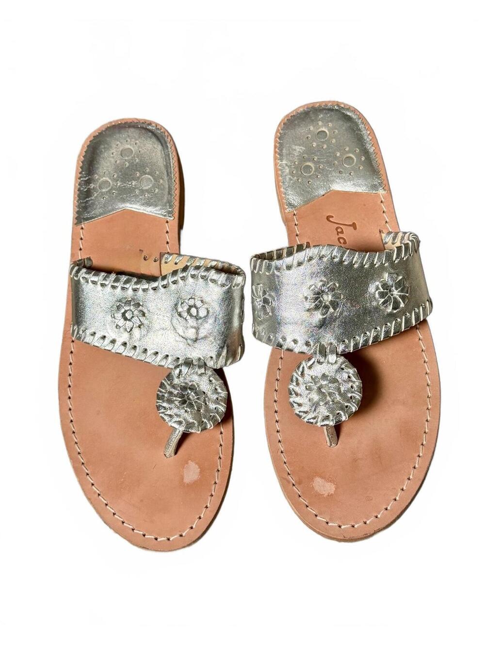 Jack Rogers Silver Leather Sandals Metallic Preppy Slip On T Strap Flip Flop 9